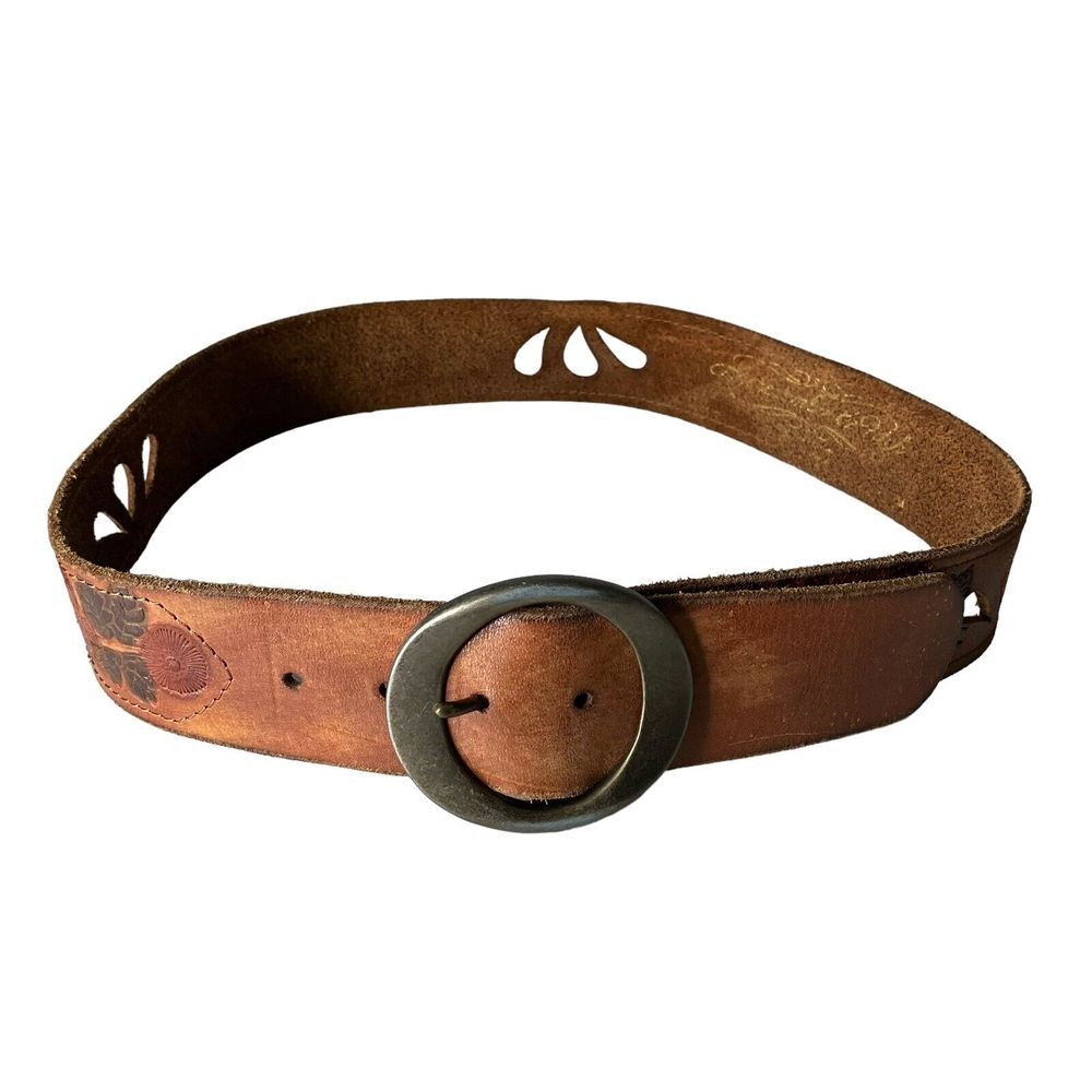 Abercrombie & Fitch Womens Western Hand Tooled Belt Medium Brown Genuine Leather